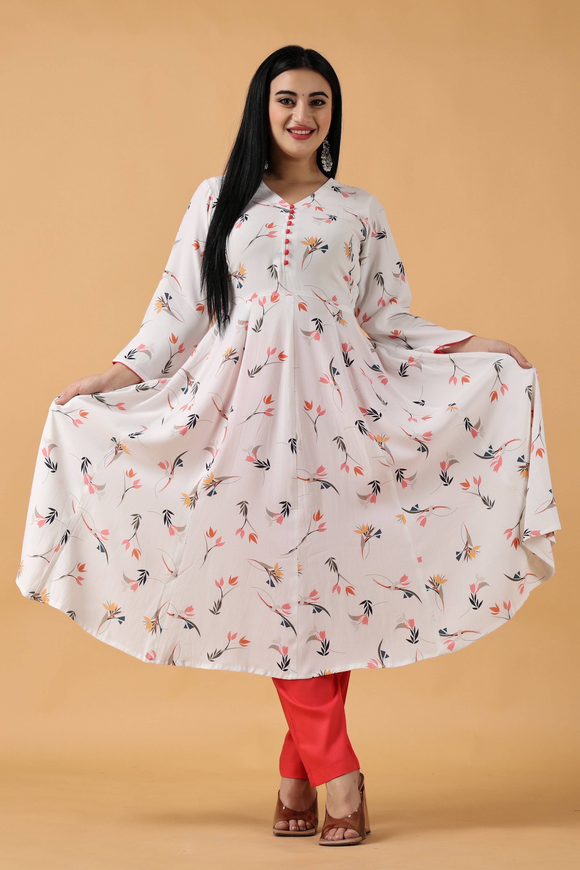 Printed Cotton Anarkali Suit in White : KRX107